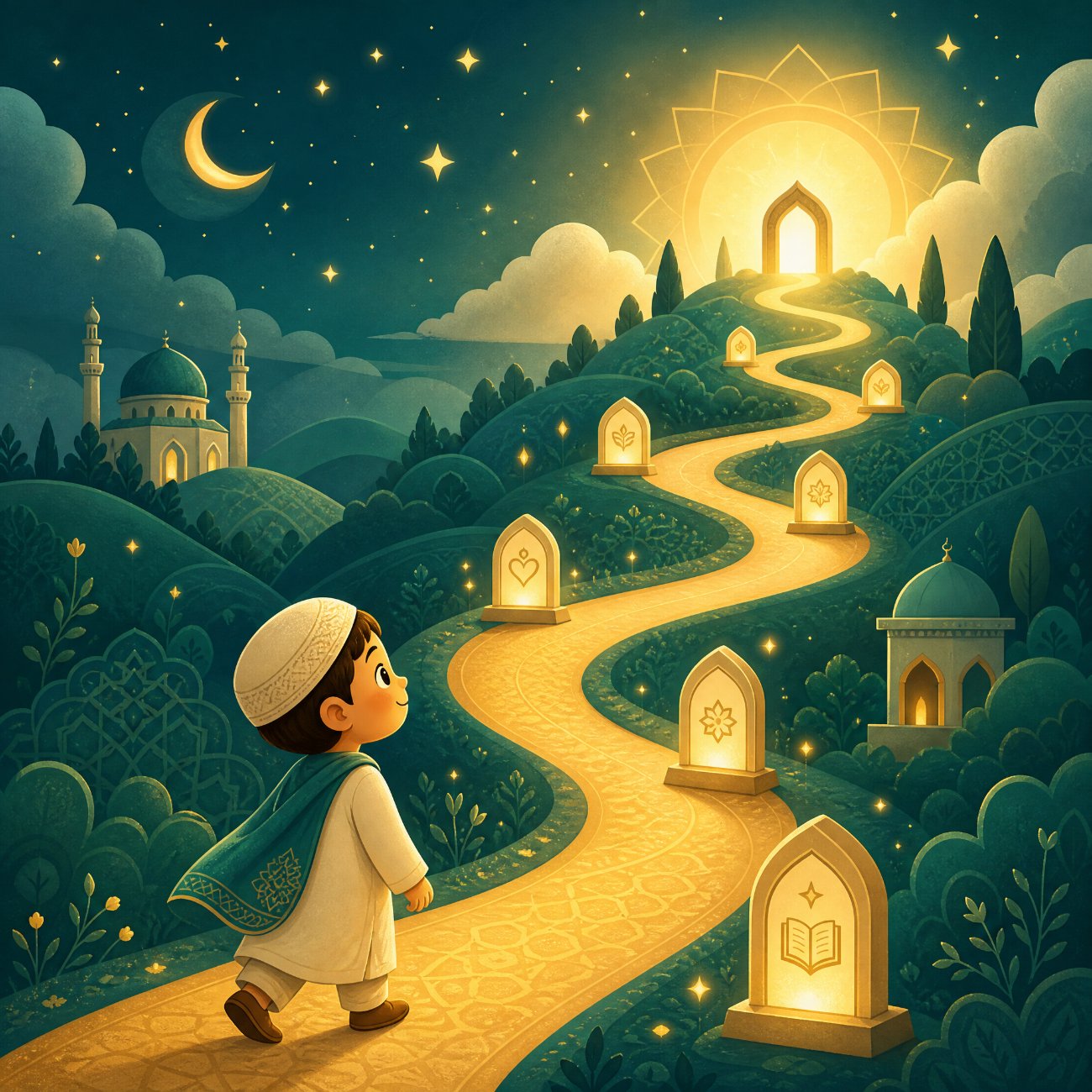 A child gazing up a glowing path of milestones toward a lit doorway
