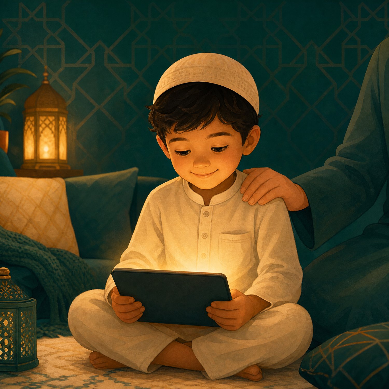 A child learning happily on a glowing tablet beside a parent