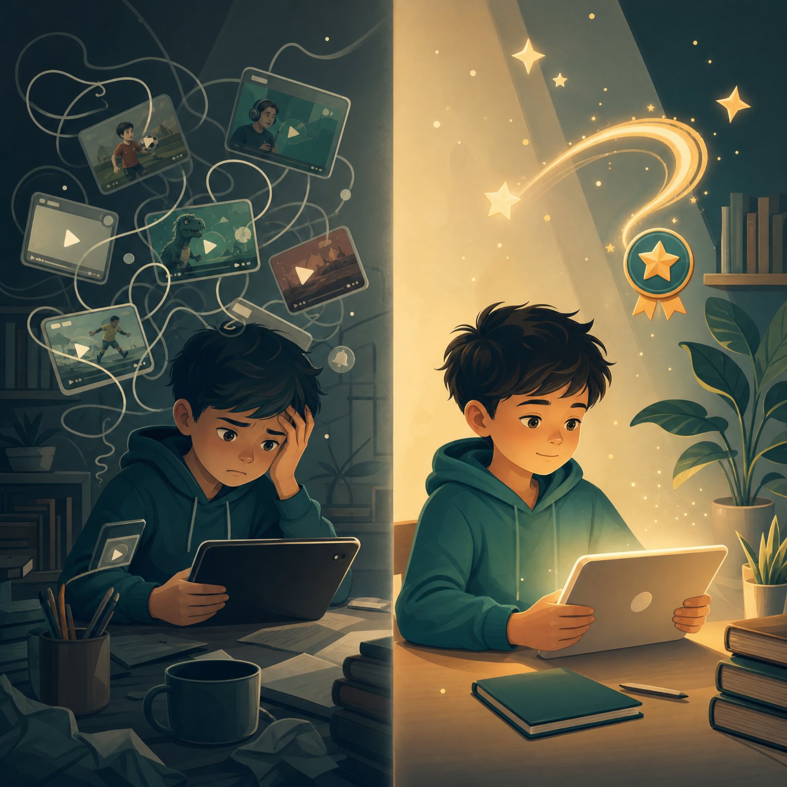 A child lost in feed vs the same child calmly learning